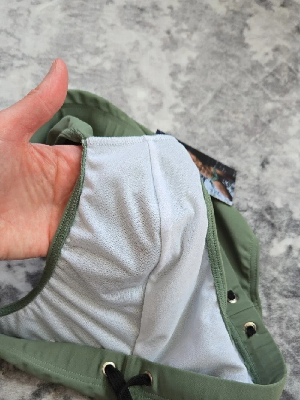 Men's Olive Green Swim Trunks with Black Drawstring